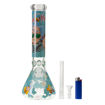 13" rick and morty beaker bong with blue honeycomb design. front view.