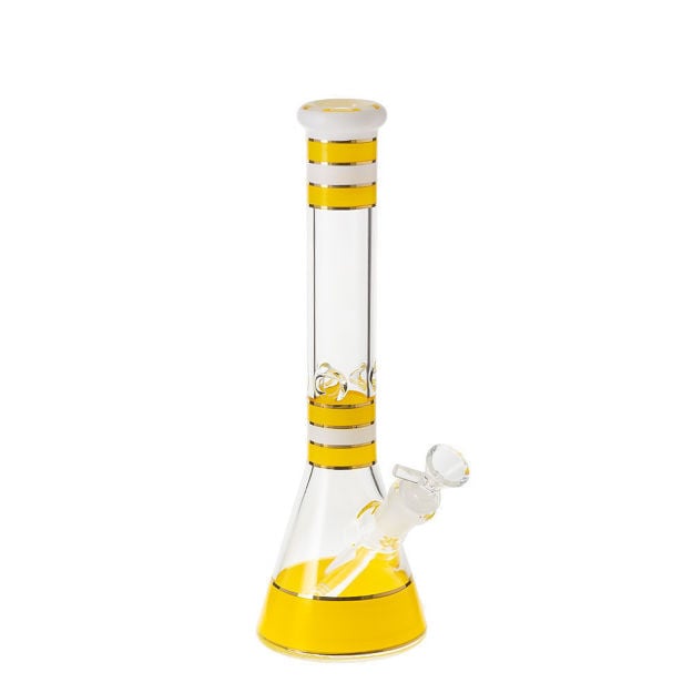yellow 12 inch striped beaker bong with ice pinch & downstem