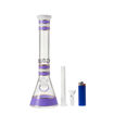 purple 12 inch striped beaker bong with ice pinch & downstem. front view.
