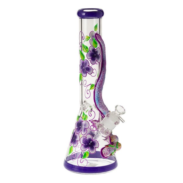 14" Lizard & purple flower Beaker Bong